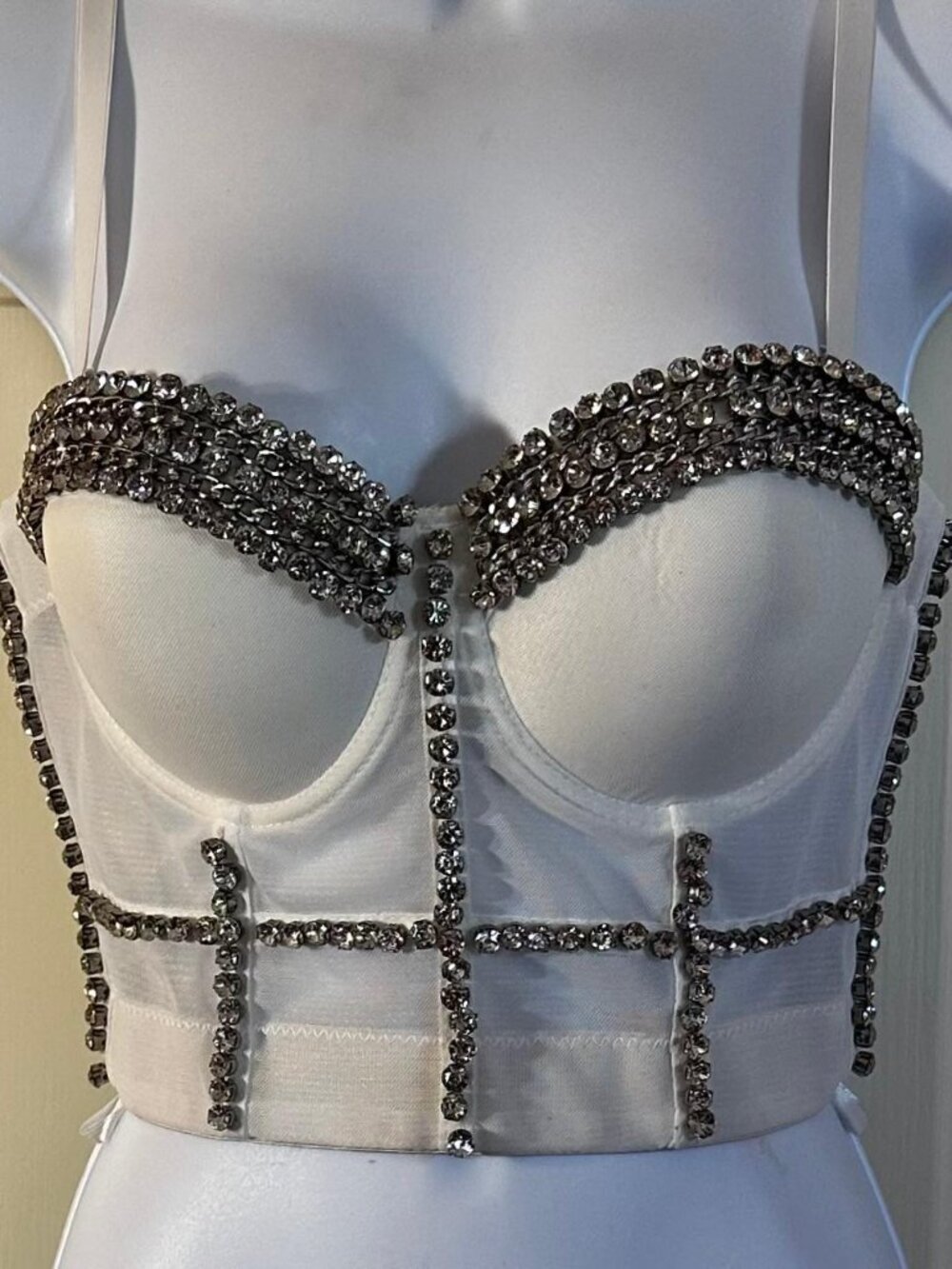 * Sheer Mesh Rhinestone Corset Off White Silver Gems Bustier Padded Underwire L